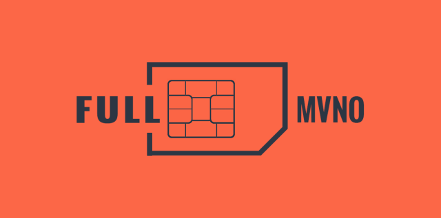 An orange and dark gray graphic with the text "Full MVNO" on top of a SIM card