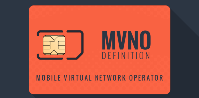 An orange and dark gray graphic with the text "MVNO Definition - Mobile Virtual Network Operator" on top of a SIM card