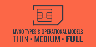 An orange and dark gray graphic with the text "MVNO Types and Operational Models - Thin Medium - Full" with a SIM card on top