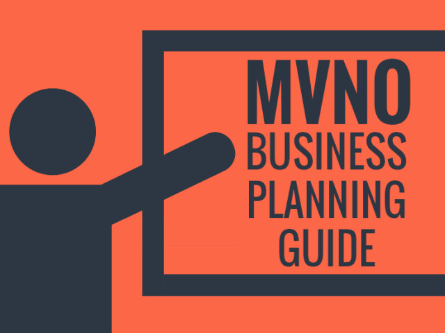 An orange and dark gray graphic with the text "MVNO Business Planning Guide" and a person icon pointing at a blackboard.