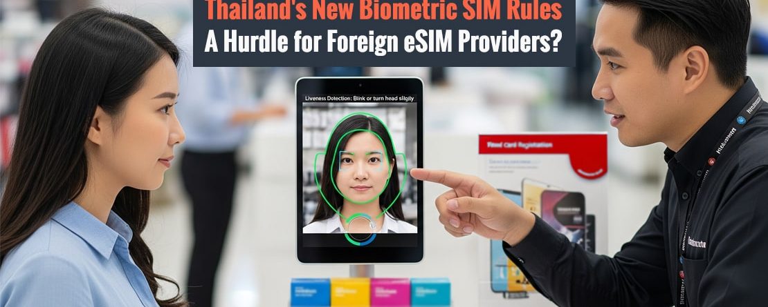 Salesperson and customer in front of Thailand's new "liveness detection" for SIM registration which raises critical questions for foreign eSIM providers and NBTC's independence.