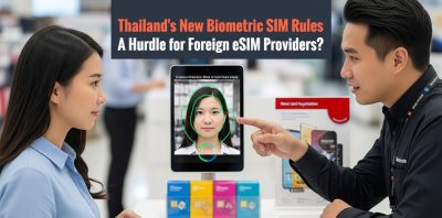 Salesperson and customer in front of Thailand's new "liveness detection" for SIM registration which raises critical questions for foreign eSIM providers and NBTC's independence.