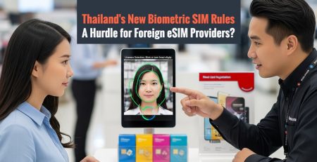 Salesperson and customer in front of Thailand's new "liveness detection" for SIM registration which raises critical questions for foreign eSIM providers and NBTC's independence.