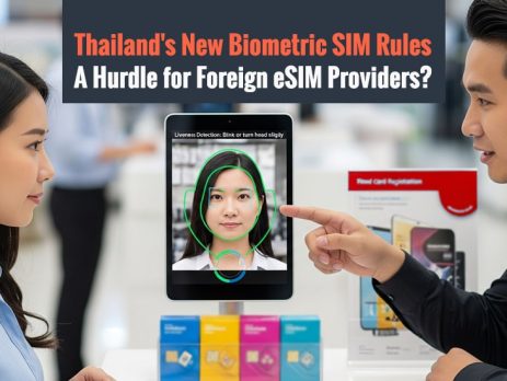 Salesperson and customer in front of Thailand's new "liveness detection" for SIM registration which raises critical questions for foreign eSIM providers and NBTC's independence.