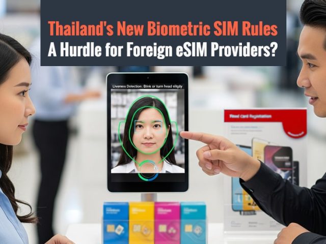 Salesperson and customer in front of Thailand's new "liveness detection" for SIM registration which raises critical questions for foreign eSIM providers and NBTC's independence.