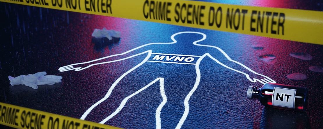 Crime scene chalk outline on asphalt with the word "MVNO" inside, surrounded by "CRIME SCENE DO NOT ENTER" tape, evidence gloves, and a bottle labeled "NT," visually representing the regulatory "killing" of the Mobile Virtual Network Operator sector in Thailand.
