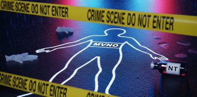 Crime scene chalk outline on asphalt with the word "MVNO" inside, surrounded by "CRIME SCENE DO NOT ENTER" tape, evidence gloves, and a bottle labeled "NT," visually representing the regulatory "killing" of the Mobile Virtual Network Operator sector in Thailand.