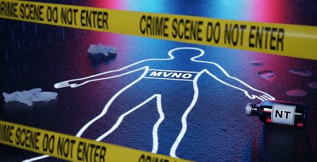 Crime scene chalk outline on asphalt with the word "MVNO" inside, surrounded by "CRIME SCENE DO NOT ENTER" tape, evidence gloves, and a bottle labeled "NT," visually representing the regulatory "killing" of the Mobile Virtual Network Operator sector in Thailand.