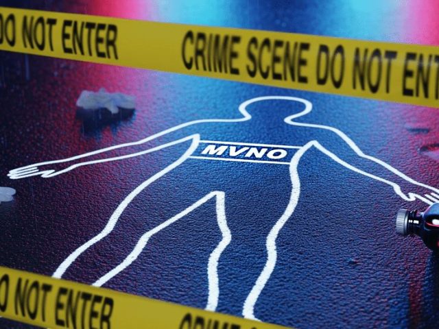 Crime scene chalk outline on asphalt with the word "MVNO" inside, surrounded by "CRIME SCENE DO NOT ENTER" tape, evidence gloves, and a bottle labeled "NT," visually representing the regulatory "killing" of the Mobile Virtual Network Operator sector in Thailand.