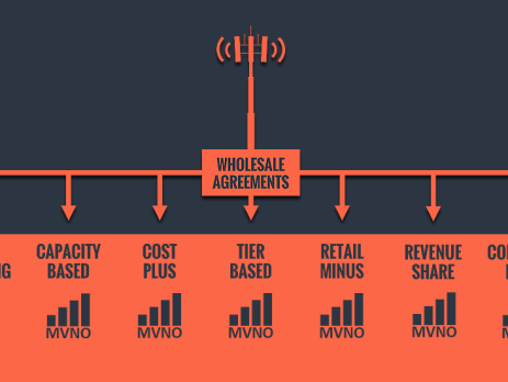 A diagram titled "Wholesale Models for MVNOS" shows a cell tower connected to a box labeled "WHOLESALE AGREEMENTS." Seven arrows branch out from this box, each pointing to a different MVNO wholesale model with an MVNO signal icon below it. The models are: Brand Licensing, Capacity Based, Cost Plus, Tier Based, Retail Minus, Revenue Share, and Commission Based