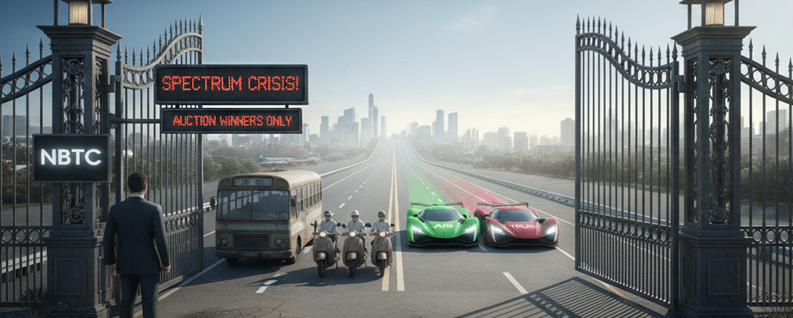 An illustrative image depicting a large, ornate gate with a digital sign that reads "SPECTRUM CRISIS! AUCTION WINNERS ONLY." A man in a suit stands in front of the gate, which is open to a highway leading into a city skyline. Two sleek, colorful race cars, one green and one red, labeled "AIS" and "TRUE" respectively, are speeding through the gate. Behind them, a slow, old bus and a group of three motorbikes are stopped and blocked by the man, unable to pass. The image symbolizes a telecom regulator's auction that only benefited the two dominant operators, leaving out state-owned and smaller competitors.