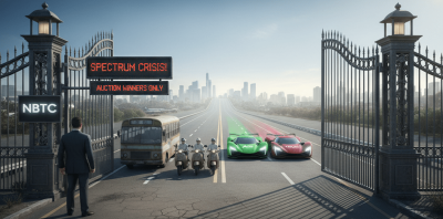 An illustrative image depicting a large, ornate gate with a digital sign that reads "SPECTRUM CRISIS! AUCTION WINNERS ONLY." A man in a suit stands in front of the gate, which is open to a highway leading into a city skyline. Two sleek, colorful race cars, one green and one red, labeled "AIS" and "TRUE" respectively, are speeding through the gate. Behind them, a slow, old bus and a group of three motorbikes are stopped and blocked by the man, unable to pass. The image symbolizes a telecom regulator's auction that only benefited the two dominant operators, leaving out state-owned and smaller competitors.