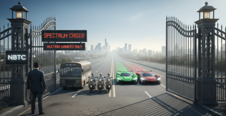 An illustrative image depicting a large, ornate gate with a digital sign that reads "SPECTRUM CRISIS! AUCTION WINNERS ONLY." A man in a suit stands in front of the gate, which is open to a highway leading into a city skyline. Two sleek, colorful race cars, one green and one red, labeled "AIS" and "TRUE" respectively, are speeding through the gate. Behind them, a slow, old bus and a group of three motorbikes are stopped and blocked by the man, unable to pass. The image symbolizes a telecom regulator's auction that only benefited the two dominant operators, leaving out state-owned and smaller competitors.