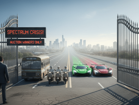 An illustrative image depicting a large, ornate gate with a digital sign that reads "SPECTRUM CRISIS! AUCTION WINNERS ONLY." A man in a suit stands in front of the gate, which is open to a highway leading into a city skyline. Two sleek, colorful race cars, one green and one red, labeled "AIS" and "TRUE" respectively, are speeding through the gate. Behind them, a slow, old bus and a group of three motorbikes are stopped and blocked by the man, unable to pass. The image symbolizes a telecom regulator's auction that only benefited the two dominant operators, leaving out state-owned and smaller competitors.