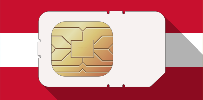 A SIM card overlaid on the Austrian flag, symbolizing the mobile virtual network operator (MVNO) market in Austria.