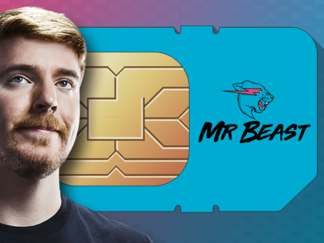 MrBeast next to a giant SIM card with the MrBeast logo on it, representing his new mobile virtual network operator (MVNO) venture.
