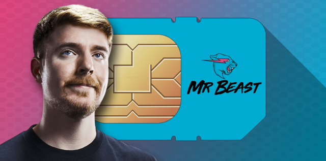 MrBeast next to a giant SIM card with the MrBeast logo on it, representing his new mobile virtual network operator (MVNO) venture.