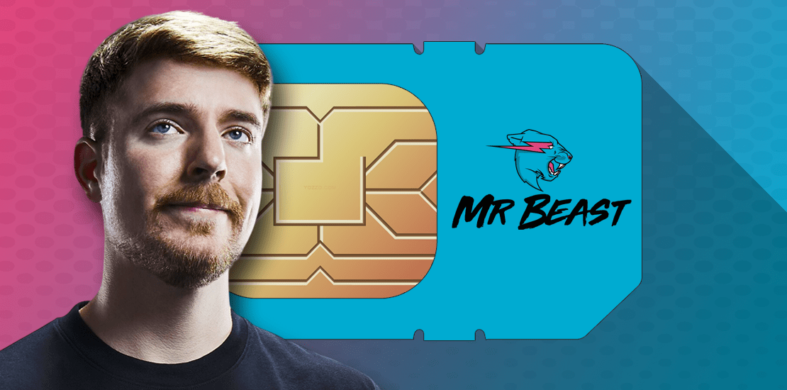MrBeast next to a giant SIM card with the MrBeast logo on it, representing his new mobile virtual network operator (MVNO) venture.
