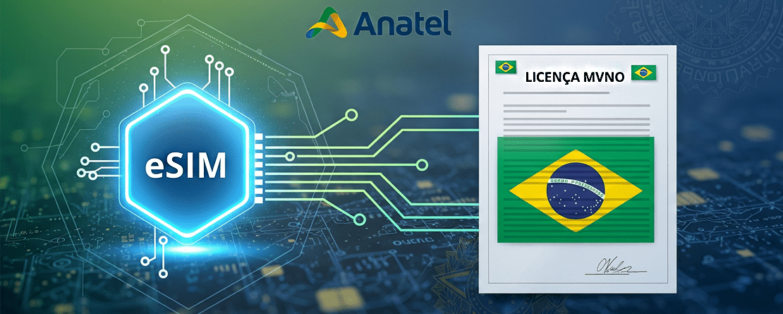 Digital illustration showing Brazil's telecom regulator Anatel's logo. To its left is a glowing hexagonal eSIM chip connected by circuitry to a formal document on the right, which displays the Brazilian flag and the text "Licença MVNO" (MVNO License). This visual represents Anatel's ruling that eSIM services requires an MVNO license in Brazil.