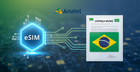 Digital illustration showing Brazil's telecom regulator Anatel's logo. To its left is a glowing hexagonal eSIM chip connected by circuitry to a formal document on the right, which displays the Brazilian flag and the text "Licença MVNO" (MVNO License). This visual represents Anatel's ruling that eSIM services requires an MVNO license in Brazil.