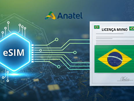 Digital illustration showing Brazil's telecom regulator Anatel's logo. To its left is a glowing hexagonal eSIM chip connected by circuitry to a formal document on the right, which displays the Brazilian flag and the text "Licença MVNO" (MVNO License). This visual represents Anatel's ruling that eSIM services requires an MVNO license in Brazil.