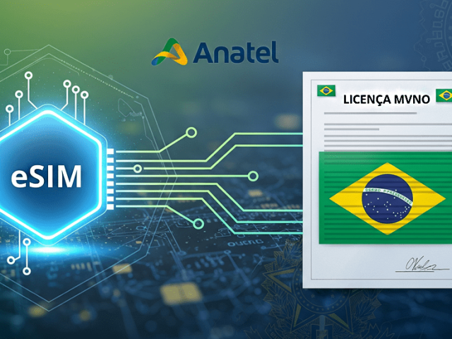 Digital illustration showing Brazil's telecom regulator Anatel's logo. To its left is a glowing hexagonal eSIM chip connected by circuitry to a formal document on the right, which displays the Brazilian flag and the text "Licença MVNO" (MVNO License). This visual represents Anatel's ruling that eSIM services requires an MVNO license in Brazil.