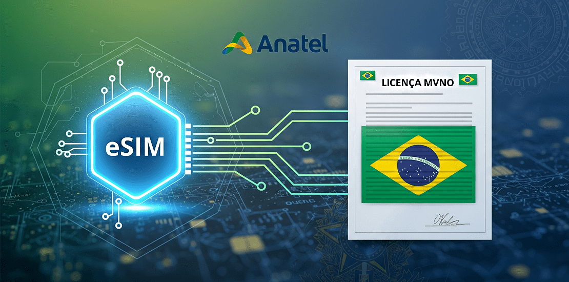Digital illustration showing Brazil's telecom regulator Anatel's logo. To its left is a glowing hexagonal eSIM chip connected by circuitry to a formal document on the right, which displays the Brazilian flag and the text "Licença MVNO" (MVNO License). This visual represents Anatel's ruling that eSIM services requires an MVNO license in Brazil.