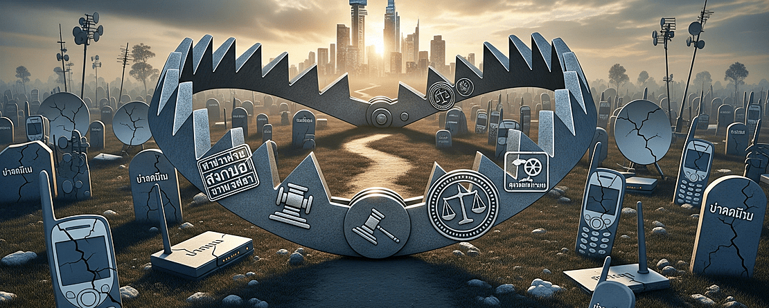 A large, metallic bear trap with carved legal and justice symbols, including a gavel and scales, sits in a grassy field. A dirt path runs through the trap toward a modern city skyline under a dramatic, cloudy sunset. The field is filled with dozens of broken and decaying tombstones shaped like vintage mobile phones, some with Thai text inscriptions. The imagery suggests a regulatory system in Thailand has trapped and destroyed mobile virtual network operators (MVNOs).