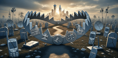 A large, metallic bear trap with carved legal and justice symbols, including a gavel and scales, sits in a grassy field. A dirt path runs through the trap toward a modern city skyline under a dramatic, cloudy sunset. The field is filled with dozens of broken and decaying tombstones shaped like vintage mobile phones, some with Thai text inscriptions. The imagery suggests a regulatory system in Thailand has trapped and destroyed mobile virtual network operators (MVNOs).