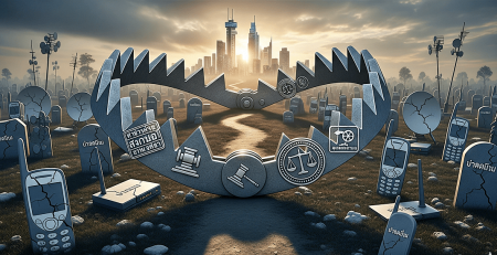 A large, metallic bear trap with carved legal and justice symbols, including a gavel and scales, sits in a grassy field. A dirt path runs through the trap toward a modern city skyline under a dramatic, cloudy sunset. The field is filled with dozens of broken and decaying tombstones shaped like vintage mobile phones, some with Thai text inscriptions. The imagery suggests a regulatory system in Thailand has trapped and destroyed mobile virtual network operators (MVNOs).