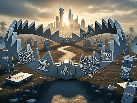 A large, metallic bear trap with carved legal and justice symbols, including a gavel and scales, sits in a grassy field. A dirt path runs through the trap toward a modern city skyline under a dramatic, cloudy sunset. The field is filled with dozens of broken and decaying tombstones shaped like vintage mobile phones, some with Thai text inscriptions. The imagery suggests a regulatory system in Thailand has trapped and destroyed mobile virtual network operators (MVNOs).