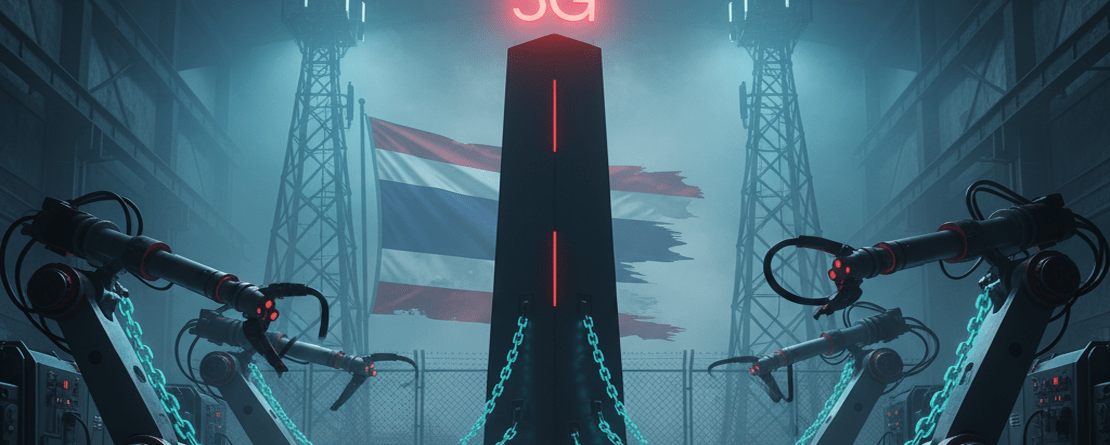 A dark, futuristic image of a Thai factory floor with robotic arms and a centralized 5G network symbol, representing how Thailand's telecom duopoly controls industrial automation and private network innovation.