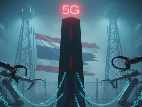 A dark, futuristic image of a Thai factory floor with robotic arms and a centralized 5G network symbol, representing how Thailand's telecom duopoly controls industrial automation and private network innovation.