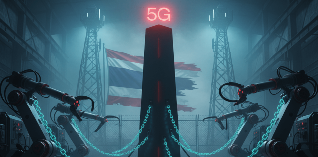 A dark, futuristic image of a Thai factory floor with robotic arms and a centralized 5G network symbol, representing how Thailand's telecom duopoly controls industrial automation and private network innovation.