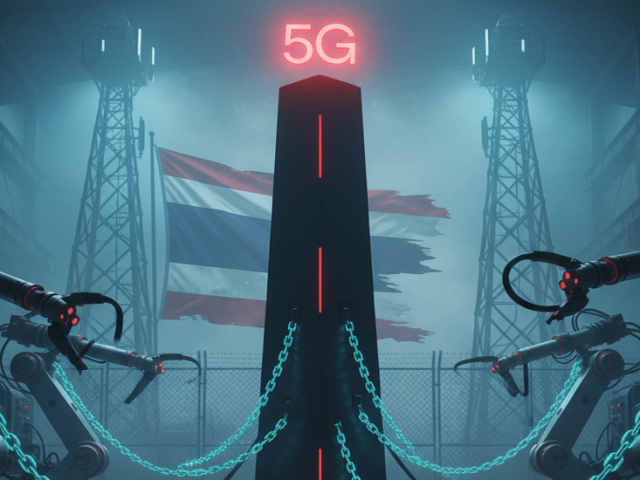 A dark, futuristic image of a Thai factory floor with robotic arms and a centralized 5G network symbol, representing how Thailand's telecom duopoly controls industrial automation and private network innovation.