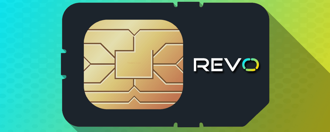 MVNO REVO mobile SIM card with the company logo on a yellow and green abstract background.