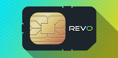 MVNO REVO mobile SIM card with the company logo on a yellow and green abstract background.