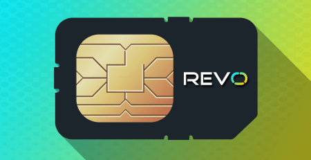 MVNO REVO mobile SIM card with the company logo on a yellow and green abstract background.