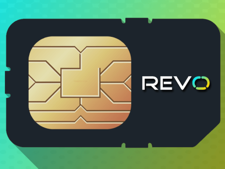 MVNO REVO mobile SIM card with the company logo on a yellow and green abstract background.