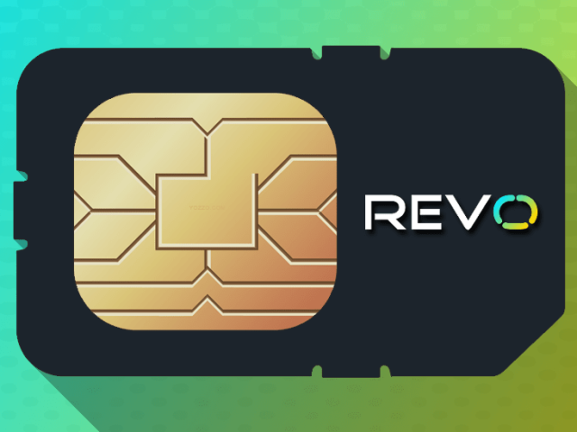 MVNO REVO mobile SIM card with the company logo on a yellow and green abstract background.