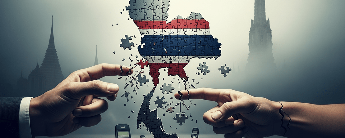 A digital illustration showing two hands pulling apart a jigsaw puzzle of Thailand's map, which is fragmented and missing pieces. Crushed old mobile phones lie on the ground below. In the background, two Thai temples are visible through a thick fog.