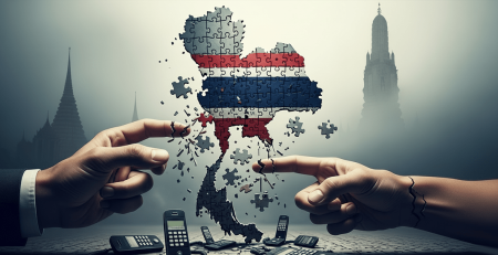 A digital illustration showing two hands pulling apart a jigsaw puzzle of Thailand's map, which is fragmented and missing pieces. Crushed old mobile phones lie on the ground below. In the background, two Thai temples are visible through a thick fog.