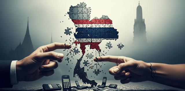 A digital illustration showing two hands pulling apart a jigsaw puzzle of Thailand's map, which is fragmented and missing pieces. Crushed old mobile phones lie on the ground below. In the background, two Thai temples are visible through a thick fog.