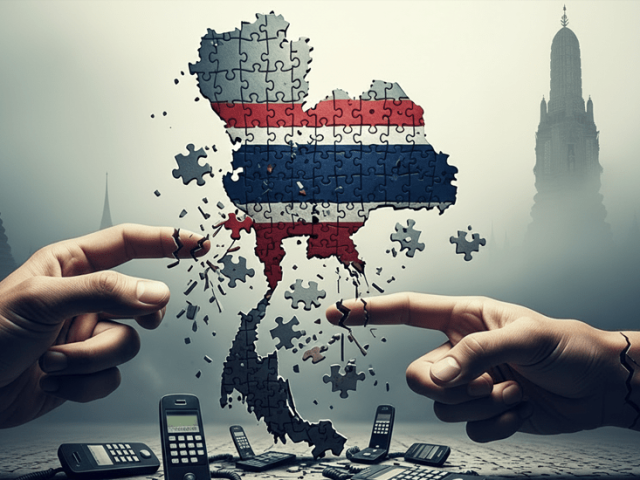 A digital illustration showing two hands pulling apart a jigsaw puzzle of Thailand's map, which is fragmented and missing pieces. Crushed old mobile phones lie on the ground below. In the background, two Thai temples are visible through a thick fog.