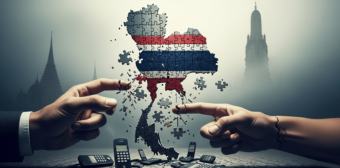 A digital illustration showing two hands pulling apart a jigsaw puzzle of Thailand's map, which is fragmented and missing pieces. Crushed old mobile phones lie on the ground below. In the background, two Thai temples are visible through a thick fog.
