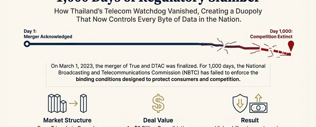 infographic illustrating "1,000 Days of Regulatory Slumber" following the finalization of the True and DTAC merger on March 1, 2023. It depicts a timeline from Day 1 ("Merger Acknowledged") to Day 1,000 ("Competition Extinct"). Key impacts listed are: Market Structure change from Triopoly to Duopoly, Deal Value (An $8 Billion Consolidation), and the Result (Higher bills, stagnant service, and zero accountability).