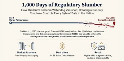 infographic illustrating "1,000 Days of Regulatory Slumber" following the finalization of the True and DTAC merger on March 1, 2023. It depicts a timeline from Day 1 ("Merger Acknowledged") to Day 1,000 ("Competition Extinct"). Key impacts listed are: Market Structure change from Triopoly to Duopoly, Deal Value (An $8 Billion Consolidation), and the Result (Higher bills, stagnant service, and zero accountability).