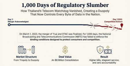 infographic illustrating "1,000 Days of Regulatory Slumber" following the finalization of the True and DTAC merger on March 1, 2023. It depicts a timeline from Day 1 ("Merger Acknowledged") to Day 1,000 ("Competition Extinct"). Key impacts listed are: Market Structure change from Triopoly to Duopoly, Deal Value (An $8 Billion Consolidation), and the Result (Higher bills, stagnant service, and zero accountability).