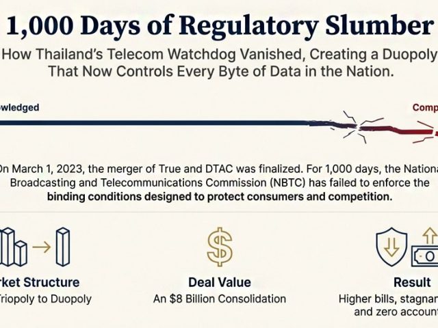 infographic illustrating "1,000 Days of Regulatory Slumber" following the finalization of the True and DTAC merger on March 1, 2023. It depicts a timeline from Day 1 ("Merger Acknowledged") to Day 1,000 ("Competition Extinct"). Key impacts listed are: Market Structure change from Triopoly to Duopoly, Deal Value (An $8 Billion Consolidation), and the Result (Higher bills, stagnant service, and zero accountability).